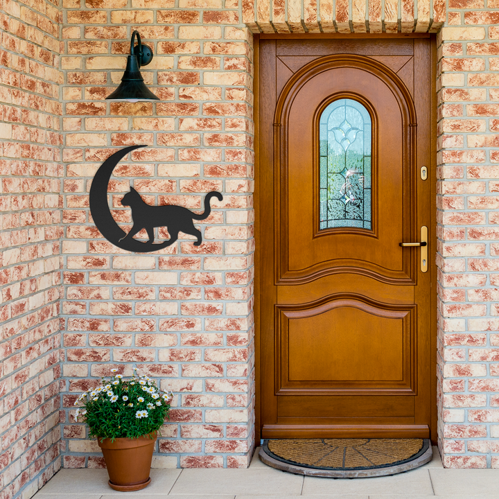 Moonlit Wanderer – The Cat| Artist-Crafted Metal Wall Art| Cat & Crescent Moon Silhouette