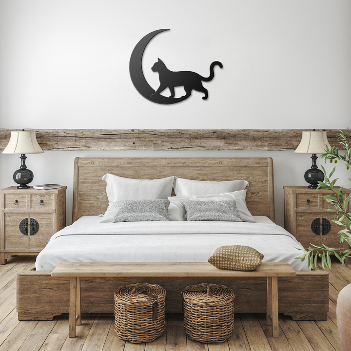 Moonlit Wanderer – The Cat| Artist-Crafted Metal Wall Art| Cat & Crescent Moon Silhouette