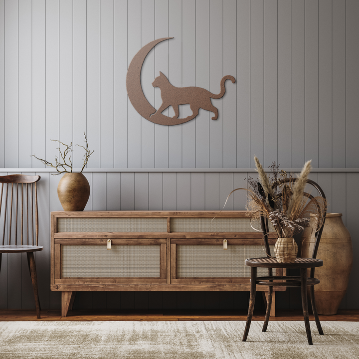 Moonlit Wanderer – The Cat| Artist-Crafted Metal Wall Art| Cat & Crescent Moon Silhouette