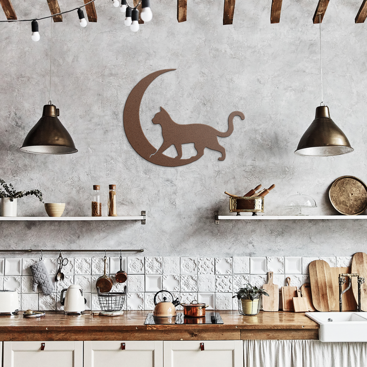 Moonlit Wanderer – The Cat| Artist-Crafted Metal Wall Art| Cat & Crescent Moon Silhouette