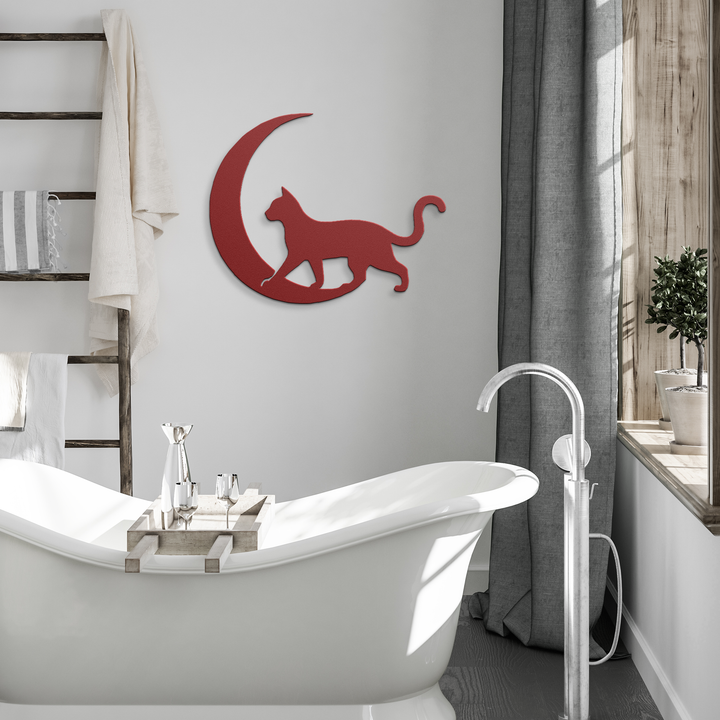 Moonlit Wanderer – The Cat| Artist-Crafted Metal Wall Art| Cat & Crescent Moon Silhouette