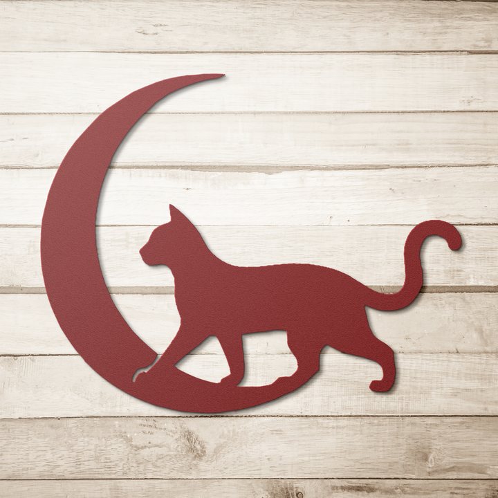 Moonlit Wanderer – The Cat| Artist-Crafted Metal Wall Art| Cat & Crescent Moon Silhouette
