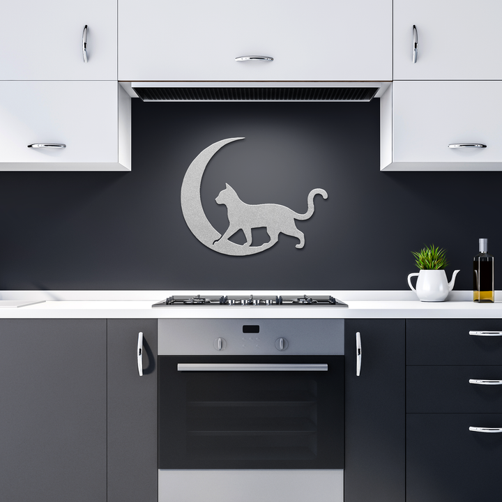 Moonlit Wanderer – The Cat| Artist-Crafted Metal Wall Art| Cat & Crescent Moon Silhouette
