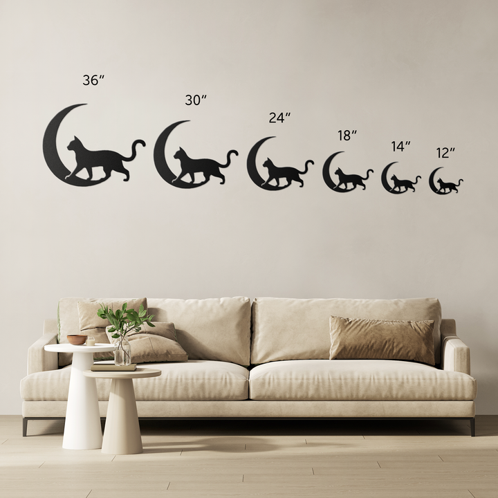 Moonlit Wanderer – The Cat| Artist-Crafted Metal Wall Art| Cat & Crescent Moon Silhouette