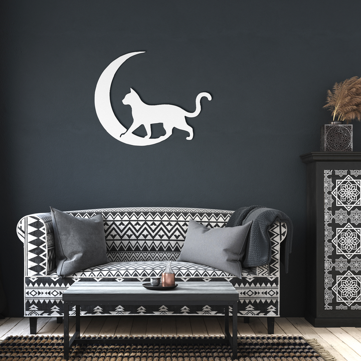 Moonlit Wanderer – The Cat| Artist-Crafted Metal Wall Art| Cat & Crescent Moon Silhouette
